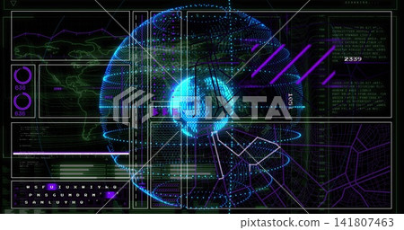 Projecting hologram globe rotating with cyan core, purple arc lines on HUD, with data panels Projecting hologram globe rotating with cyan core, purple arc lines on HUD, with data panels 141807463