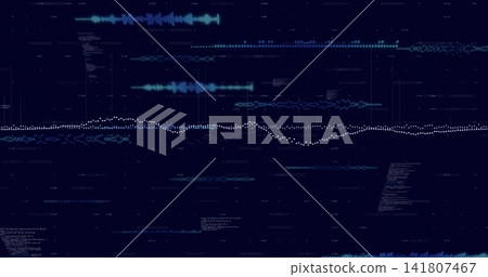 Displaying central white dotted waveform undulating across dark digital dashboard, with teal waves Displaying central white dotted waveform undulating across dark digital dashboard, with teal waves 141807467