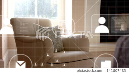 Showing beige armchair with nailhead trim in living room near window, with translucent UI overlays Showing beige armchair with nailhead trim in living room near window, with translucent UI overlays 141807483