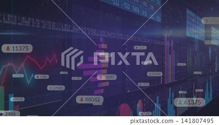 Displaying finance dashboard spanning data wall, with magenta cyan orange charts and numeric badges 141807495