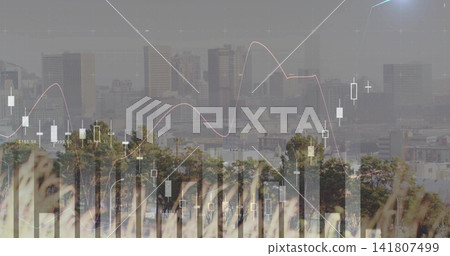 Overlaying pink line and candlestick charts across city skyline and grassy greenbelt with reeds Overlaying pink line and candlestick charts across city skyline and grassy greenbelt with reeds 141807499