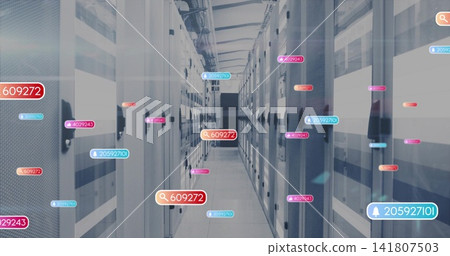 Displaying server rack central aisle in data center, showing floating AR tags and blinking LEDs Displaying server rack central aisle in data center, showing floating AR tags and blinking LEDs 141807503
