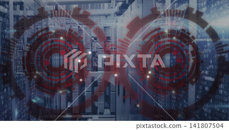 Highlighting central server racks filling cool data center aisle, with red HUD overlays and cables Highlighting central server racks filling cool data center aisle, with red HUD overlays and cables 141807504