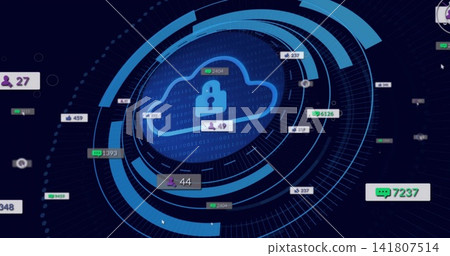 Displaying glowing cloud icon with padlock on virtual dashboard, showing HUD rings and bubble 7237 Displaying glowing cloud icon with padlock on virtual dashboard, showing HUD rings and bubble 7237 141807514