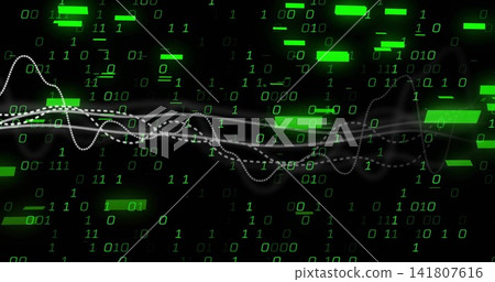 Undulating white ribbon, dotted line and faint wave moving over black field with neon binary digits Undulating white ribbon, dotted line and faint wave moving over black field with neon binary digits 141807616