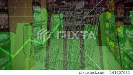 Sitting metal shopping cart occupying center aisle, showing stocked shelves and green graph overlay Sitting metal shopping cart occupying center aisle, showing stocked shelves and green graph overlay 141807623
