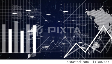 Displaying data dashboard on navy interface, showing bar chart, line charts, dotted map, markers Displaying data dashboard on navy interface, showing bar chart, line charts, dotted map, markers 141807643