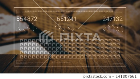 Displaying translucent HUD showing counters 554872 651241 247132 over wood tabletop, wicker basket 141807661