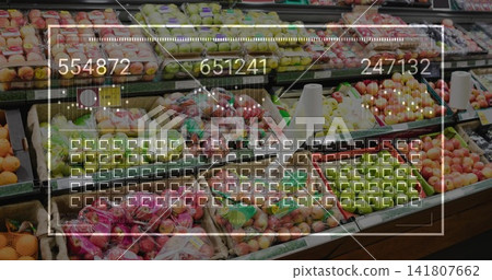Displaying tiered produce display with red and green apples, white bag cone, overlay at market Displaying tiered produce display with red and green apples, white bag cone, overlay at market 141807662