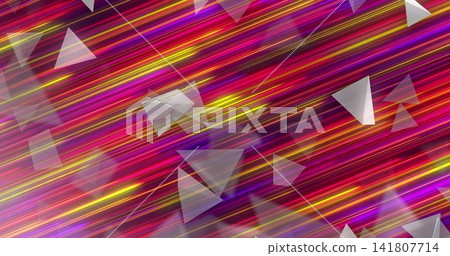 Flowing abstract art showing diagonal motion on screen, with neon streaks, triangles, bokeh Flowing abstract art showing diagonal motion on screen, with neon streaks, triangles, bokeh 141807714