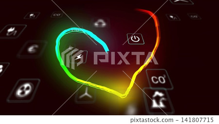 Glowing multicolor heart-shaped stroke hovering above UI tiles, showing CO2 and power icons Glowing multicolor heart-shaped stroke hovering above UI tiles, showing CO2 and power icons 141807715