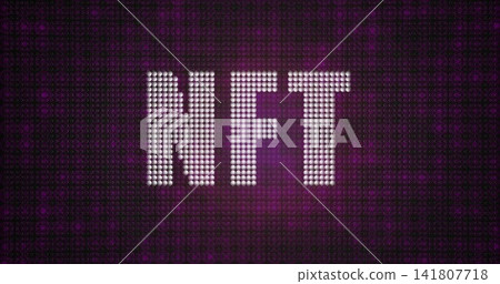 Displaying typographic NFT motif formed from LED dots glowing in digital banner, with magenta glow Displaying typographic NFT motif formed from LED dots glowing in digital banner, with magenta glow 141807718