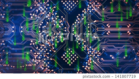 Showing PCB featuring copper traces, solder pads, vias, chip in macro studio, neon binary overlay Showing PCB featuring copper traces, solder pads, vias, chip in macro studio, neon binary overlay 141807719
