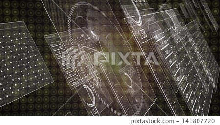 Displaying translucent data panels with circular gauge, left grid and wireframe annotations in HUD Displaying translucent data panels with circular gauge, left grid and wireframe annotations in HUD 141807720