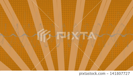 Undulating pale blue and gray waveform spanning midline in retro sunburst poster, halftone texture 141807727