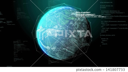 Rotating 3D globe in dark cyberspace, displaying wireframe network, glowing nodes, floating code Rotating 3D globe in dark cyberspace, displaying wireframe network, glowing nodes, floating code 141807733