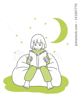 An illustration of a girl reading a book under the moonlight, representing reading, relaxation, and sleep. An illustration of a girl reading a book under the moonlight, representing reading, relaxation, and sleep. 141807770