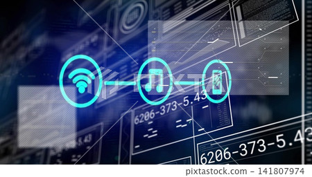 Displaying Wi-Fi, music note, smartphone icons linking by neon line on HUD, showing 6206-373-5 Displaying Wi-Fi, music note, smartphone icons linking by neon line on HUD, showing 6206-373-5 141807974