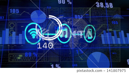 Showing central circular Wi-Fi, music, smartphone icons with progress ring on panel, charts visible Showing central circular Wi-Fi, music, smartphone icons with progress ring on panel, charts visible 141807975