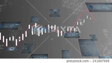 Displaying white candlestick bars tracing red smoothed trend line on dark grid, HUD panels, labels Displaying white candlestick bars tracing red smoothed trend line on dark grid, HUD panels, labels 141807989