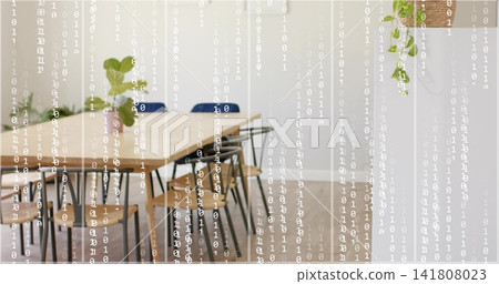 Showing long wooden table filling meeting area with chairs, plants, hanging planter, binary overlay Showing long wooden table filling meeting area with chairs, plants, hanging planter, binary overlay 141808023