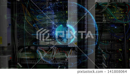 Displaying holographic globe overlaying server racks in data center, showing Ethernet cables Displaying holographic globe overlaying server racks in data center, showing Ethernet cables 141808064