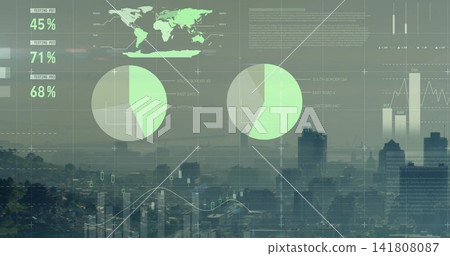 Displaying centered digital dashboard overlay over urban skyline, showing world map and pie charts Displaying centered digital dashboard overlay over urban skyline, showing world map and pie charts 141808087