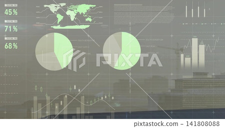 Showing translucent data HUD on glass wall in office, featuring world map, two pie charts, cranes 141808088