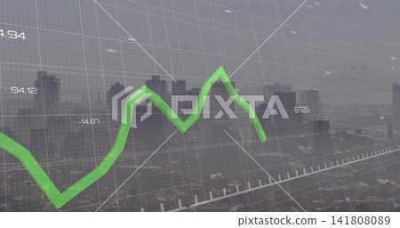 Displaying green 3D line chart moving across downtown skyline, with grid and numeric labels Displaying green 3D line chart moving across downtown skyline, with grid and numeric labels 141808089