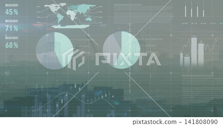 Displaying centered data overlay over hazy skyline, showing two pie charts, map, stacked 45 or 71 or Displaying centered data overlay over hazy skyline, showing two pie charts, map, stacked 45 or 71 or 141808090