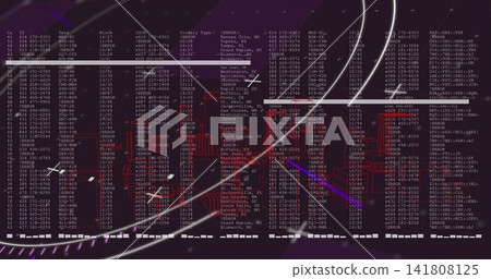 Displaying central HUD showing mono font text, ERROR labels, red wireframe skyline, light trails Displaying central HUD showing mono font text, ERROR labels, red wireframe skyline, light trails 141808125