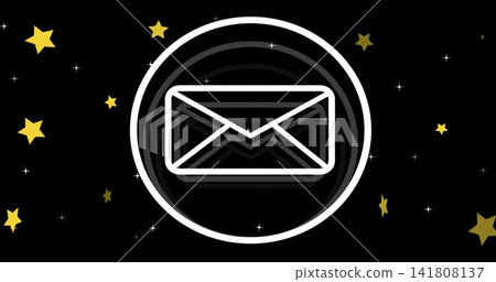 Displaying central envelope icon inside white ring featuring stacked shadows in starry vector field Displaying central envelope icon inside white ring featuring stacked shadows in starry vector field 141808137