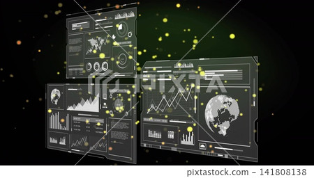 Floating three holographic panels showing line charts, gauges, pixelated globe in virtual data hub Floating three holographic panels showing line charts, gauges, pixelated globe in virtual data hub 141808138