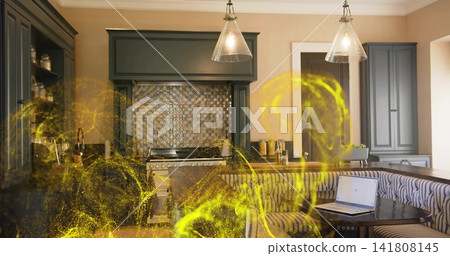 Featuring kitchen interior with range and hood, pendant lights, banquette with laptop, yellow wisps Featuring kitchen interior with range and hood, pendant lights, banquette with laptop, yellow wisps 141808145