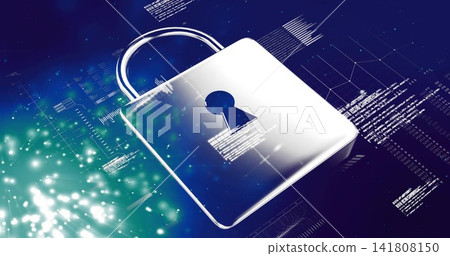 Shining metallic padlock showing keyhole, dominating digital network, displaying code, teal bokeh Shining metallic padlock showing keyhole, dominating digital network, displaying code, teal bokeh 141808150