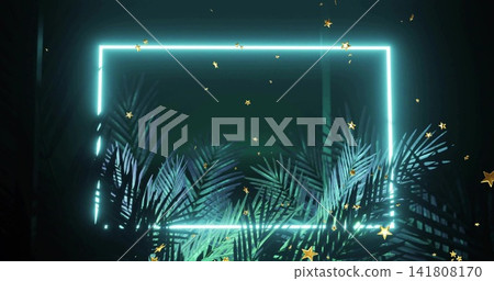 Glowing cyan neon rectangular frame backlighting palm fronds at studio, gold stars floating Glowing cyan neon rectangular frame backlighting palm fronds at studio, gold stars floating 141808170