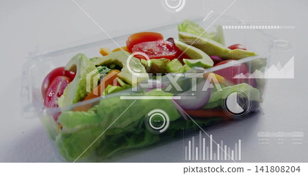 Showing clear clamshell salad with romaine, avocado, tomato on white table, with HUD overlays Showing clear clamshell salad with romaine, avocado, tomato on white table, with HUD overlays 141808204