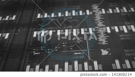 Showing central dashboard on dark console, featuring bars, line graphs, radial overlay, 2007,2016 Showing central dashboard on dark console, featuring bars, line graphs, radial overlay, 2007,2016 141808214