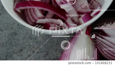 Displaying white ceramic bowl of sliced red onions on gray countertop, halved onion, HUD overlays Displaying white ceramic bowl of sliced red onions on gray countertop, halved onion, HUD overlays 141808231