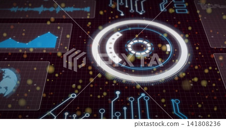 Rotating glowing HUD dial on dark grid, showing data panels, neon traces, golden orbs Rotating glowing HUD dial on dark grid, showing data panels, neon traces, golden orbs 141808236