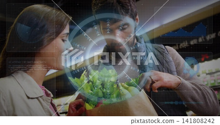 Inspecting shoppers in trench coat, vest with paper bag of produce in grocery aisle, AR HUD Inspecting shoppers in trench coat, vest with paper bag of produce in grocery aisle, AR HUD 141808242
