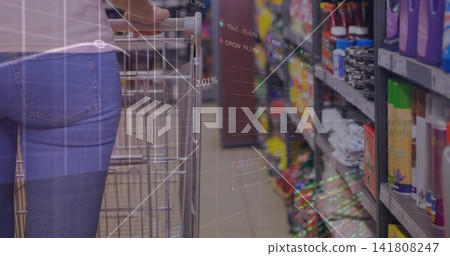 Woman pushing metal cart down store aisle wearing jeans pink top finance charts showing, copy space Woman pushing metal cart down store aisle wearing jeans pink top finance charts showing, copy space 141808247