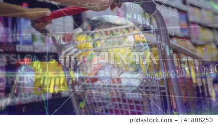 Gripping shopper hand pushing metal cart in grocery aisle, with globe, charts, red sleeve Gripping shopper hand pushing metal cart in grocery aisle, with globe, charts, red sleeve 141808250
