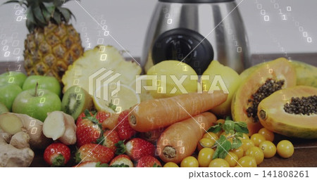 Displaying produce with steel blender on wood counter, pineapple and papaya, binary overlaying Displaying produce with steel blender on wood counter, pineapple and papaya, binary overlaying 141808261