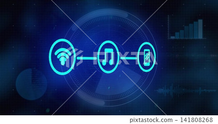 Connecting trio of wireless, music, smartphone cyan icons pulsing across dark blue dashboard, HUD Connecting trio of wireless, music, smartphone cyan icons pulsing across dark blue dashboard, HUD 141808268