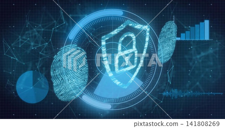 Displaying central shield with padlock in circular HUD on security interface, showing fingerprints Displaying central shield with padlock in circular HUD on security interface, showing fingerprints 141808269