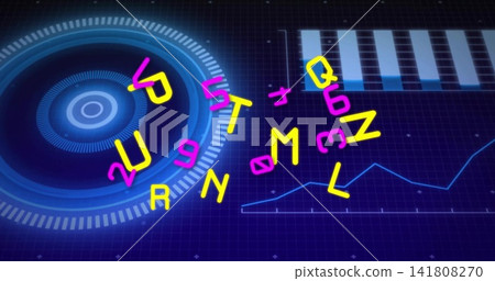Floating neon alphanumeric cluster rotating at center of UI, with HUD left and charts right Floating neon alphanumeric cluster rotating at center of UI, with HUD left and charts right 141808270