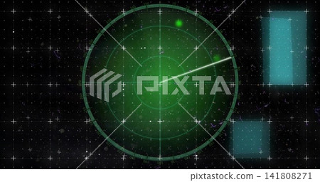 Displaying green circular radar scope centered on control display, with rotating sweep and blip Displaying green circular radar scope centered on control display, with rotating sweep and blip 141808271