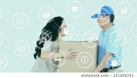Exchanging box, woman and courier standing in teal studio with light-blue polo, blue cap, UI icons Exchanging box, woman and courier standing in teal studio with light-blue polo, blue cap, UI icons 141808281