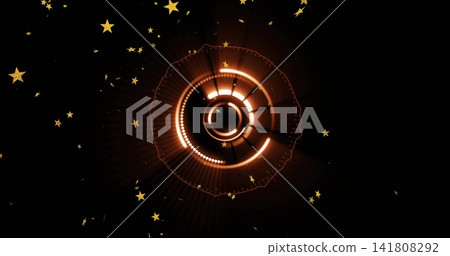 Glowing circular graphic emitting radial beams over black space, with concentric rings and stars Glowing circular graphic emitting radial beams over black space, with concentric rings and stars 141808292